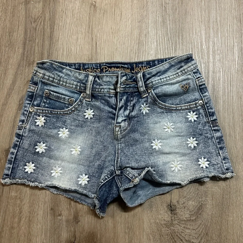 Justice Premium Denim Dark Wash Embroidered Floral Jean Shorts Size 10R